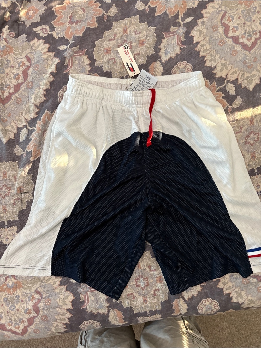 Tommy Hilfiger White & Navy Athletic Mesh Shorts with Red Drawcord